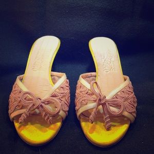 Salvatore Ferragamo Yellow/Pink satin  mule 5.5